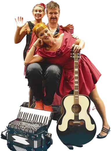 Le trio : Tiziana Valentini salue, Alexandre Roux derrière, Viviana Allocco en robe rouge accoudée à la guitare
