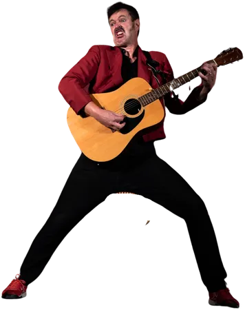 Alexandre Roux en veste rouge, guitare en main, en plein élan